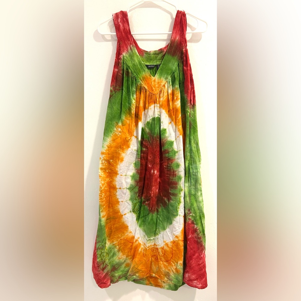 Boho Tye Dye Multicolor Embroidered Maxi Sun Dress Pockets Free Size 10% Cotton